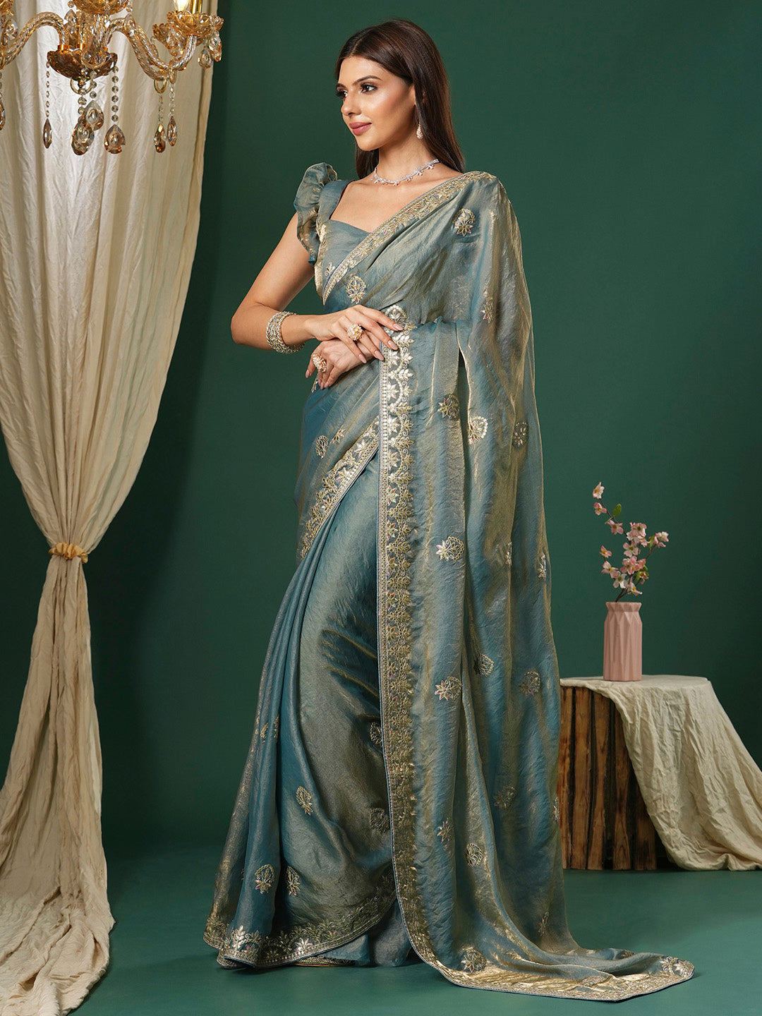 NOZ2TOZ Women's Satin Silk Teal blue Embroidered Designer Saree With Blouse Piece - Distacart