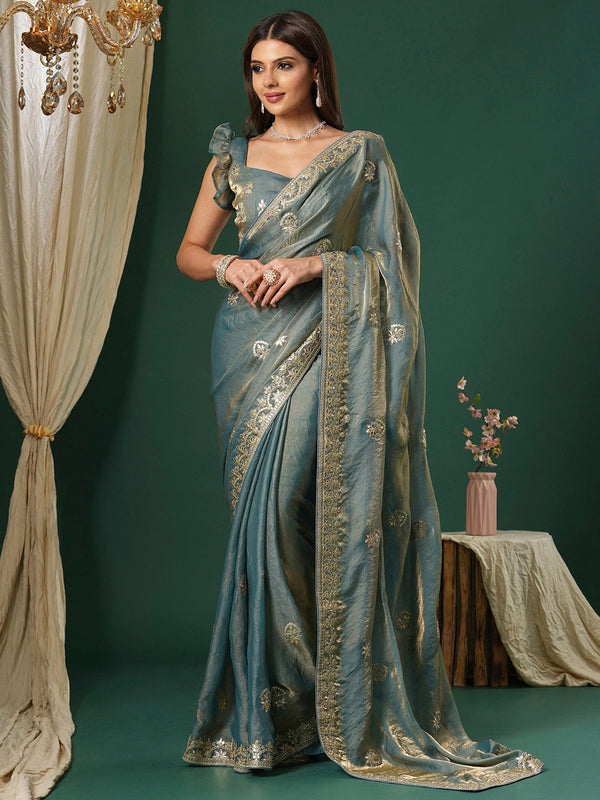 NOZ2TOZ Women's Satin Silk Teal blue Embroidered Designer Saree With Blouse Piece - Distacart