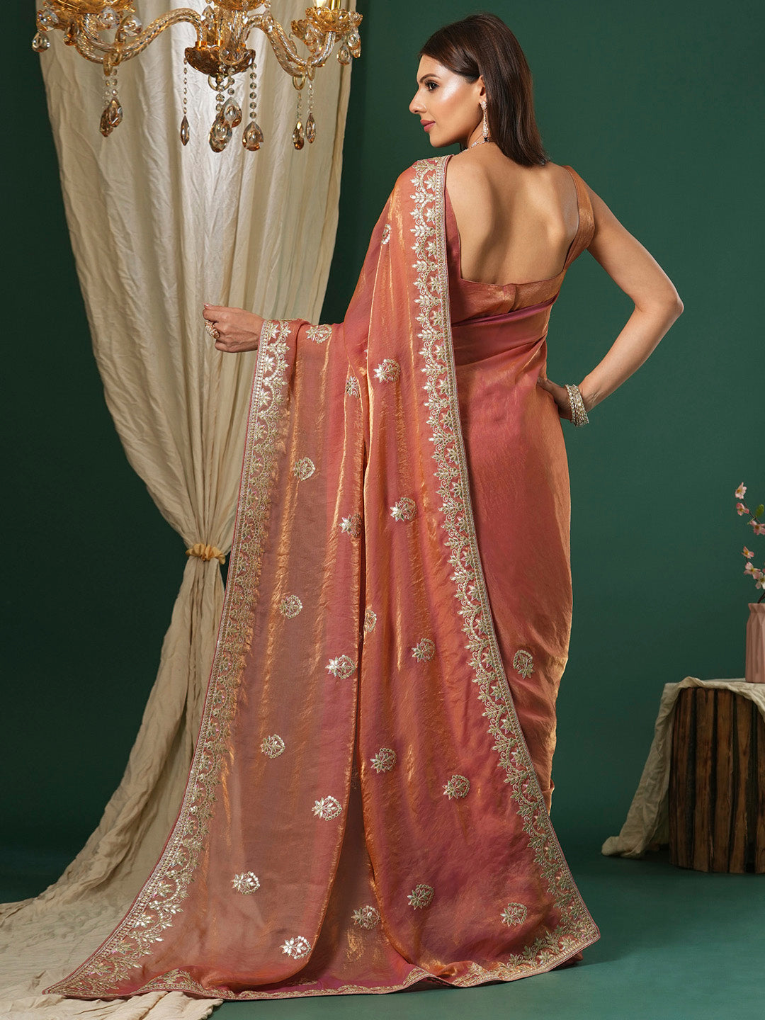 NOZ2TOZ Women's Satin Silk Peach Embroidered Designer Saree With Blouse Piece - Distacart