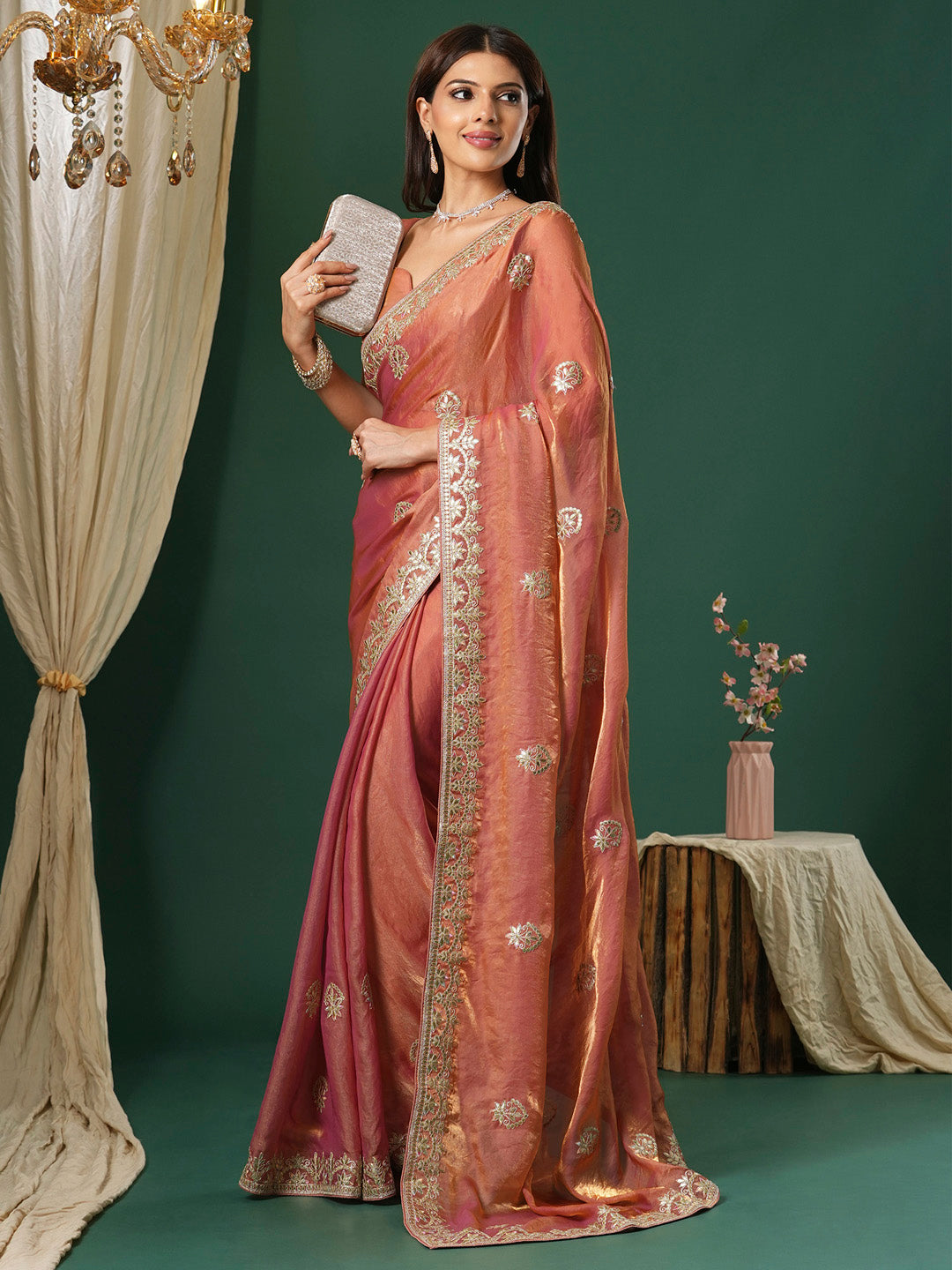 NOZ2TOZ Women's Satin Silk Peach Embroidered Designer Saree With Blouse Piece - Distacart