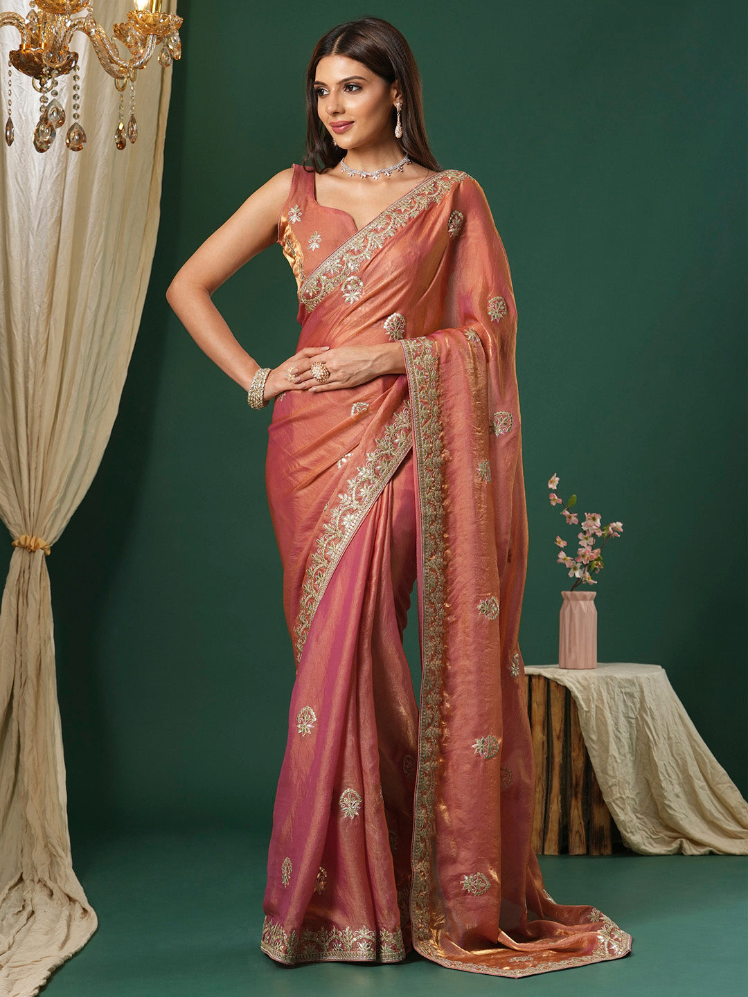 NOZ2TOZ Women's Satin Silk Peach Embroidered Designer Saree With Blouse Piece - Distacart