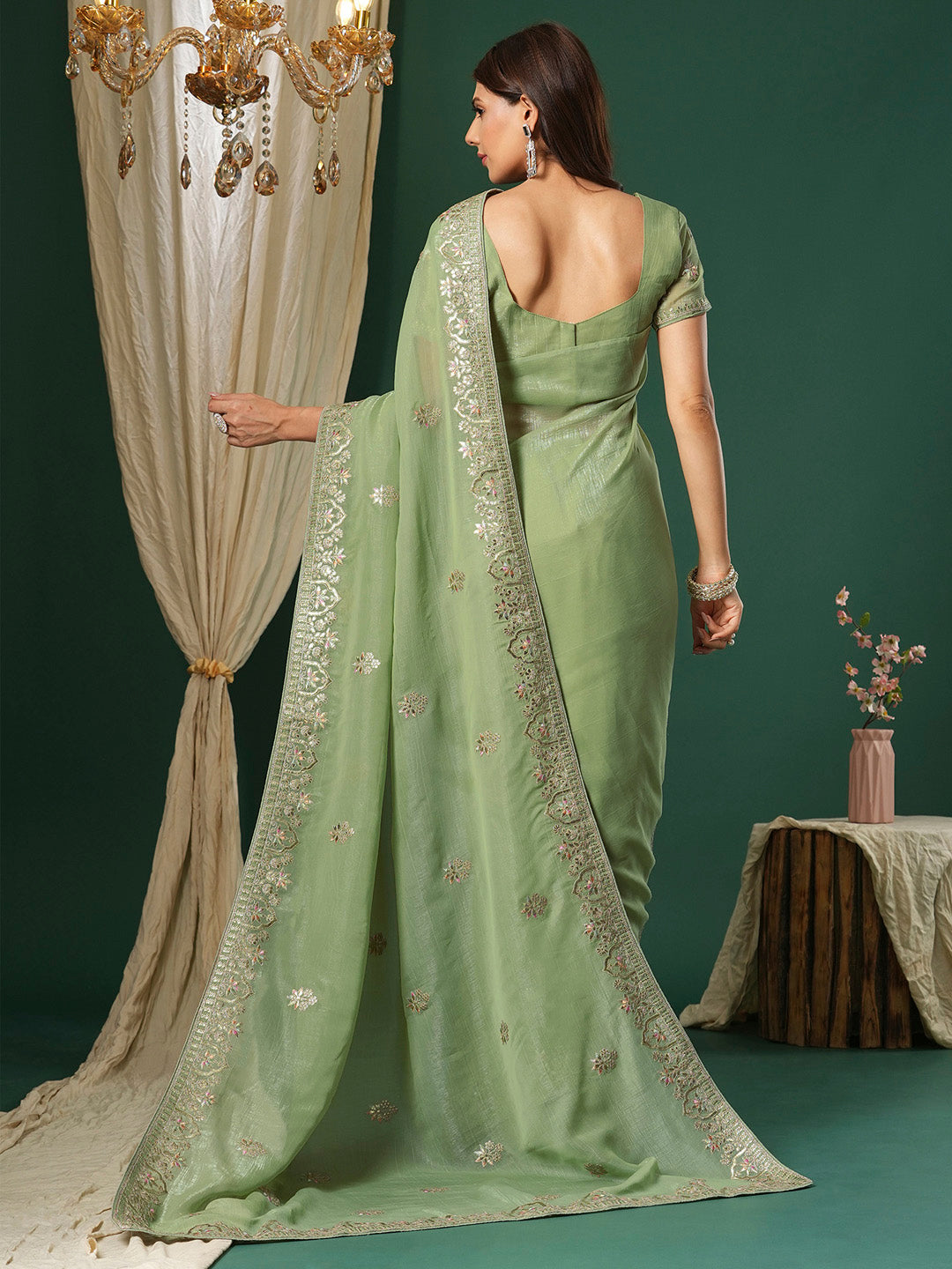 NOZ2TOZ Women's Satin Silk Light Green Embroidered Designer Saree With Blouse Piece - Distacart