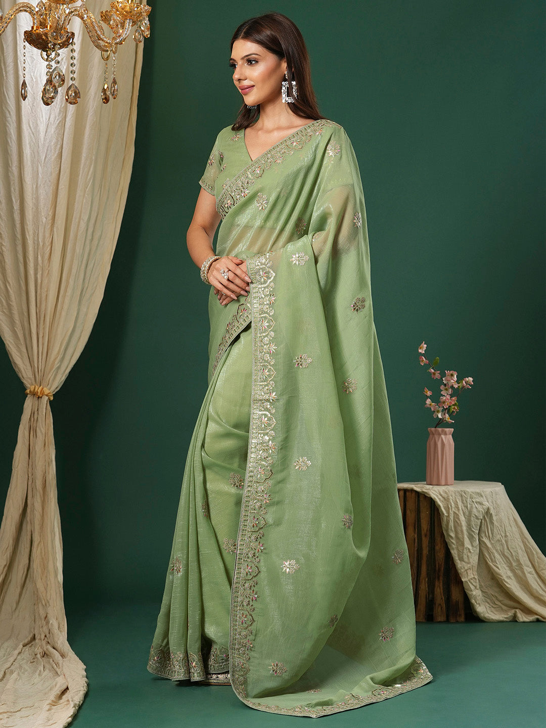 NOZ2TOZ Women's Satin Silk Light Green Embroidered Designer Saree With Blouse Piece - Distacart