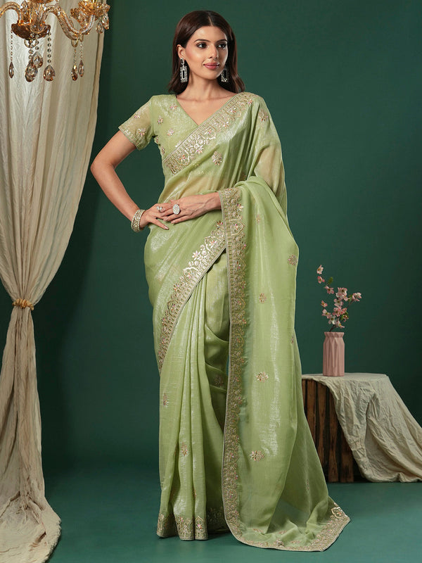 NOZ2TOZ Women's Satin Silk Light Green Embroidered Designer Saree With Blouse Piece - Distacart