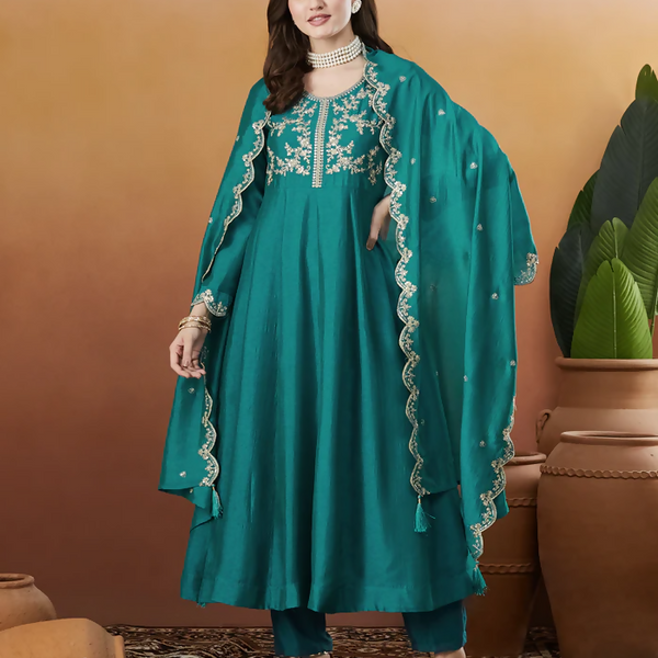The52 Rama Women's Beautiful Vichitra Silk Fabric Embroidered Work Flared Anarkali Pant and Dupatta Set - Distacart
