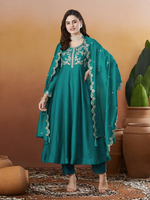 Thumbnail for The52 Rama Women's Beautiful Vichitra Silk Fabric Embroidered Work Flared Anarkali Pant and Dupatta Set - Distacart