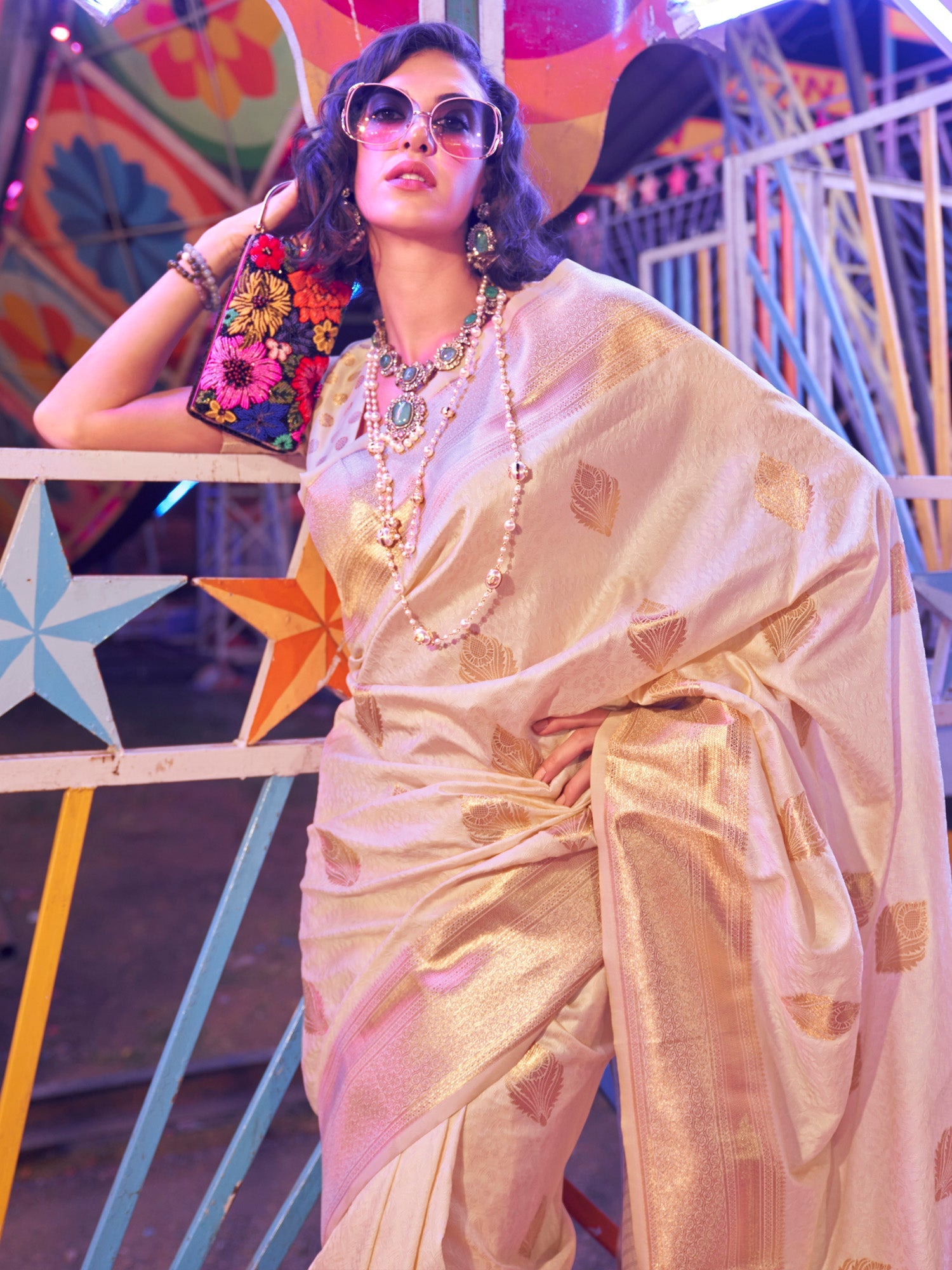 NOZ2TOZ Women's Silk Blend Cream Woven Design Designer Saree With Blouse Piece - Distacart