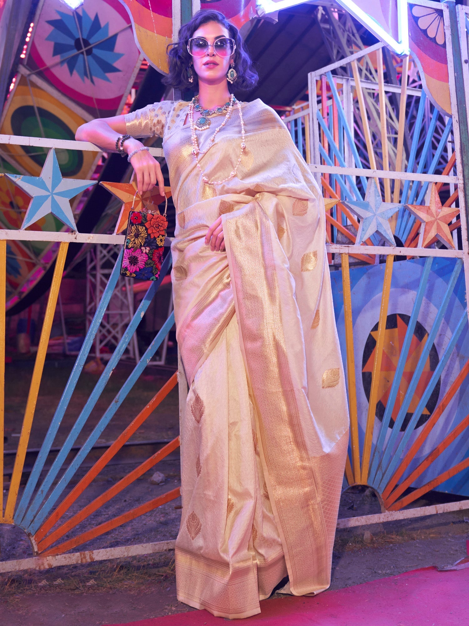 NOZ2TOZ Women's Silk Blend Cream Woven Design Designer Saree With Blouse Piece - Distacart