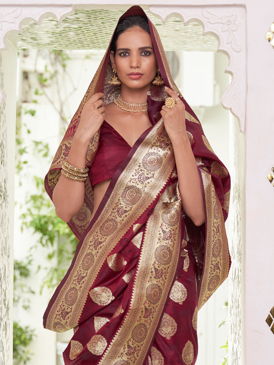 NOZ2TOZ Women's Satin Silk Maroon Woven Design Designer Saree With Blouse Piece - Distacart