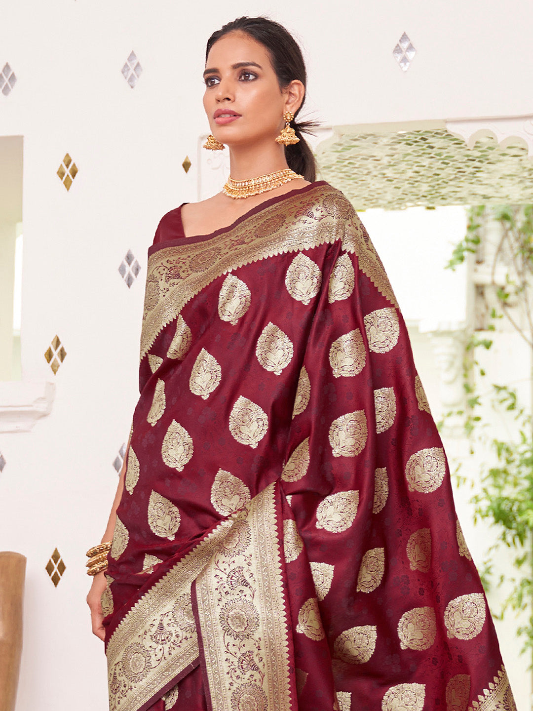 NOZ2TOZ Women's Satin Silk Maroon Woven Design Designer Saree With Blouse Piece - Distacart