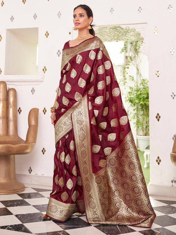 NOZ2TOZ Women's Satin Silk Maroon Woven Design Designer Saree With Blouse Piece - Distacart