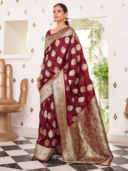 NOZ2TOZ Women's Satin Silk Maroon Woven Design Designer Saree With Blouse Piece - Distacart