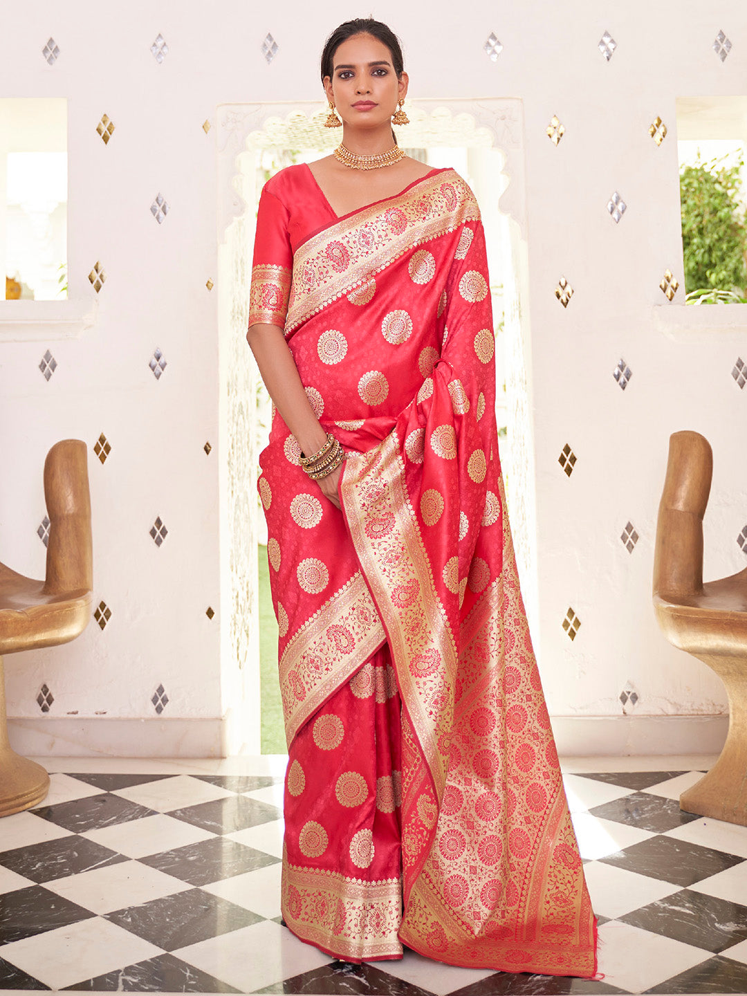 NOZ2TOZ Women's Satin Silk Pink Woven Design Designer Saree With Blouse Piece - Distacart