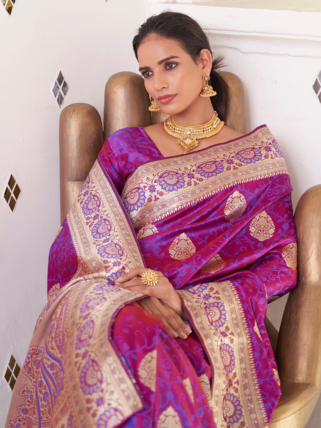 NOZ2TOZ Women's Satin Silk Magenta Woven Design Designer Saree With Blouse Piece - Distacart