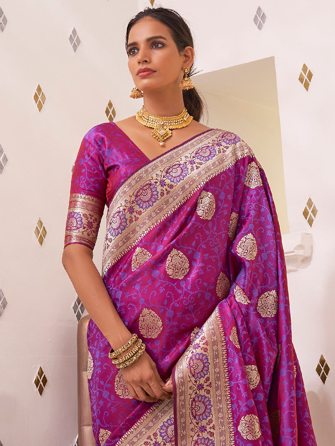 NOZ2TOZ Women's Satin Silk Magenta Woven Design Designer Saree With Blouse Piece - Distacart