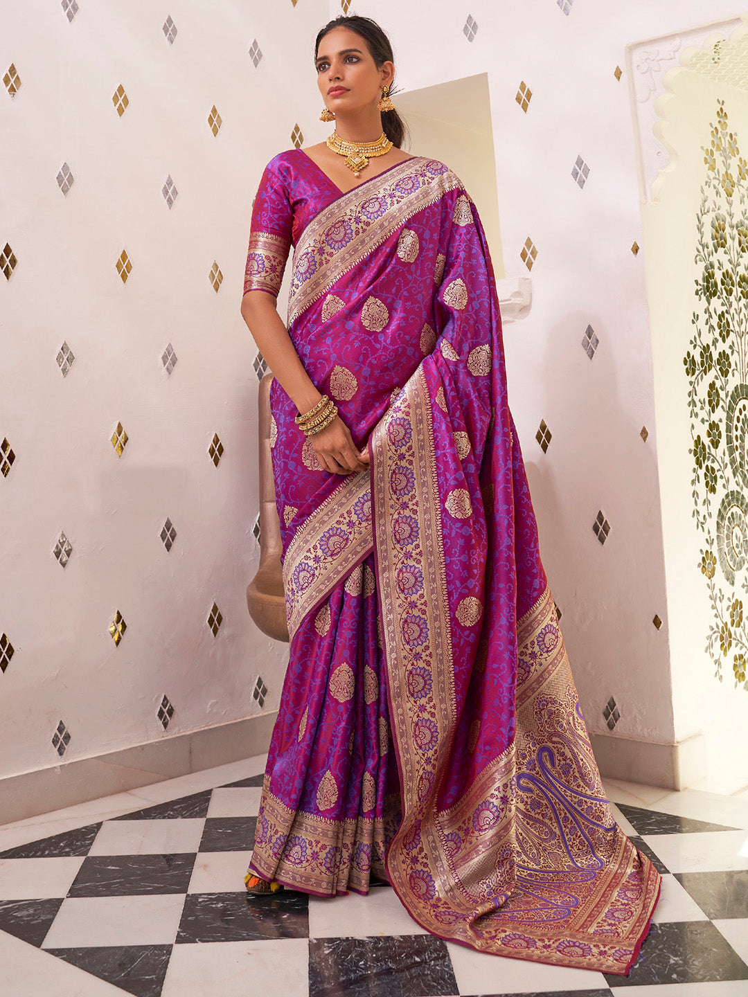 NOZ2TOZ Women's Satin Silk Magenta Woven Design Designer Saree With Blouse Piece - Distacart