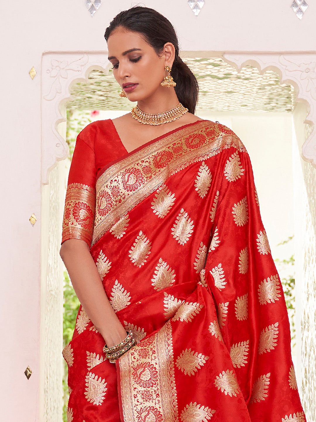 NOZ2TOZ Women's Satin Silk Red Woven Design Designer Saree With Blouse Piece - Distacart