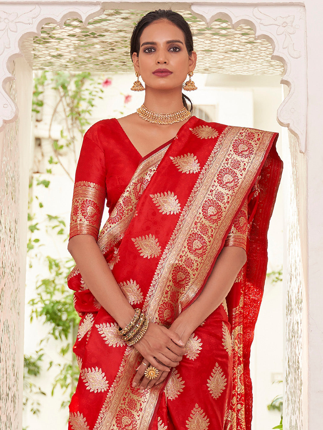 NOZ2TOZ Women's Satin Silk Red Woven Design Designer Saree With Blouse Piece - Distacart