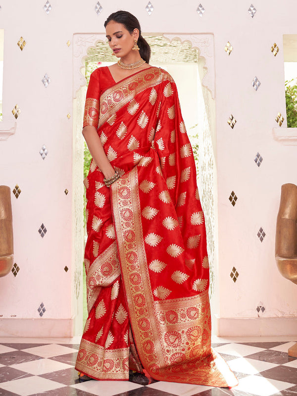 NOZ2TOZ Women's Satin Silk Red Woven Design Designer Saree With Blouse Piece - Distacart