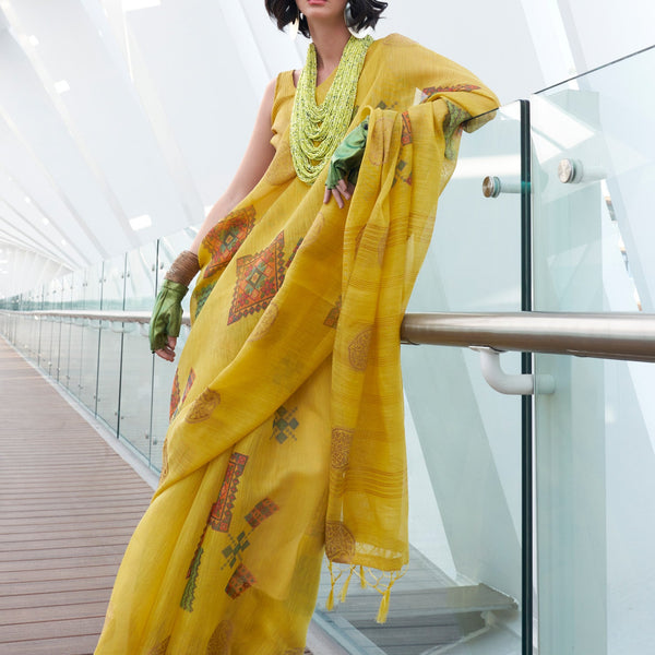 NOZ2TOZ Women's Tissue Yellow Woven Design Designer Saree With Blouse Piece - Distacart