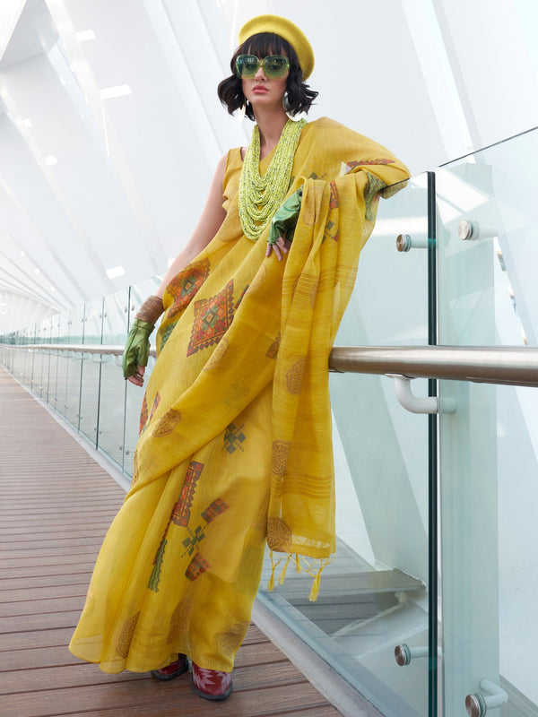 NOZ2TOZ Women's Tissue Yellow Woven Design Designer Saree With Blouse Piece - Distacart