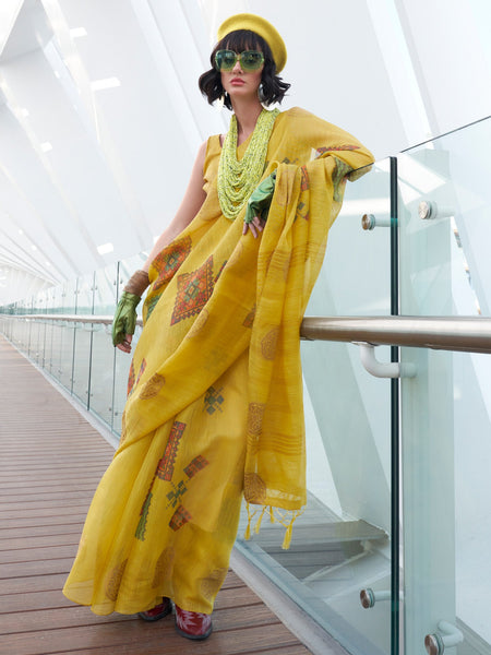 NOZ2TOZ Women's Tissue Yellow Woven Design Designer Saree With Blouse Piece - Distacart