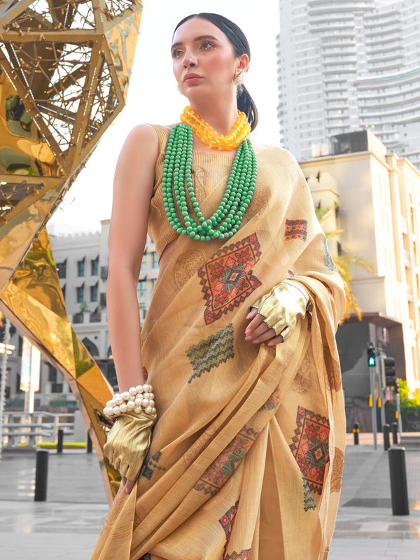 NOZ2TOZ Women's Tissue Beige Woven Design Designer Saree With Blouse Piece - Distacart