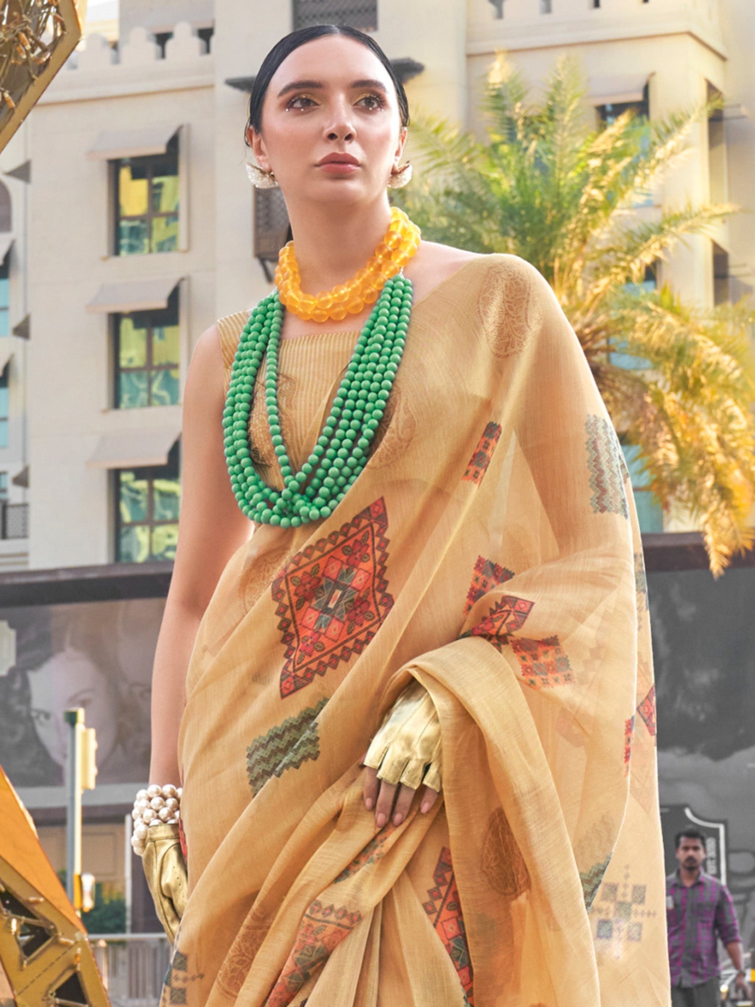 NOZ2TOZ Women's Tissue Beige Woven Design Designer Saree With Blouse Piece - Distacart