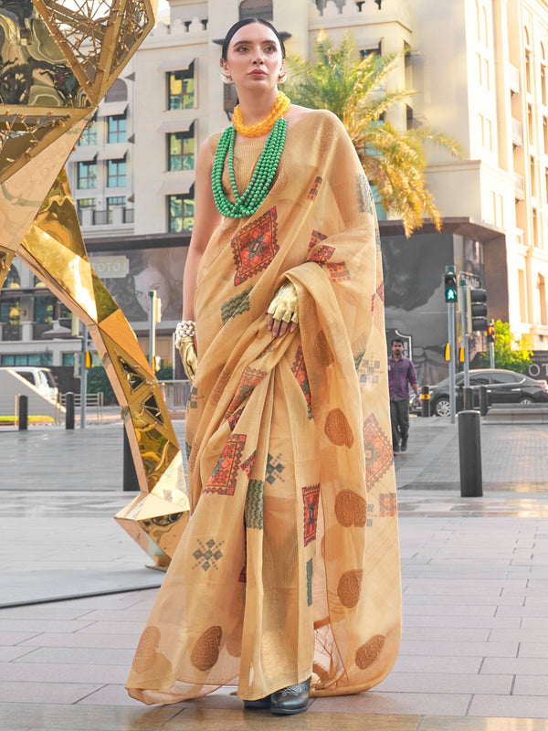 NOZ2TOZ Women's Tissue Beige Woven Design Designer Saree With Blouse Piece - Distacart