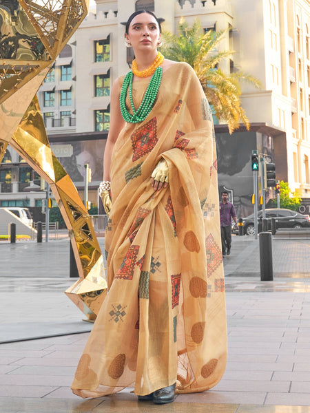 NOZ2TOZ Women's Tissue Beige Woven Design Designer Saree With Blouse Piece - Distacart