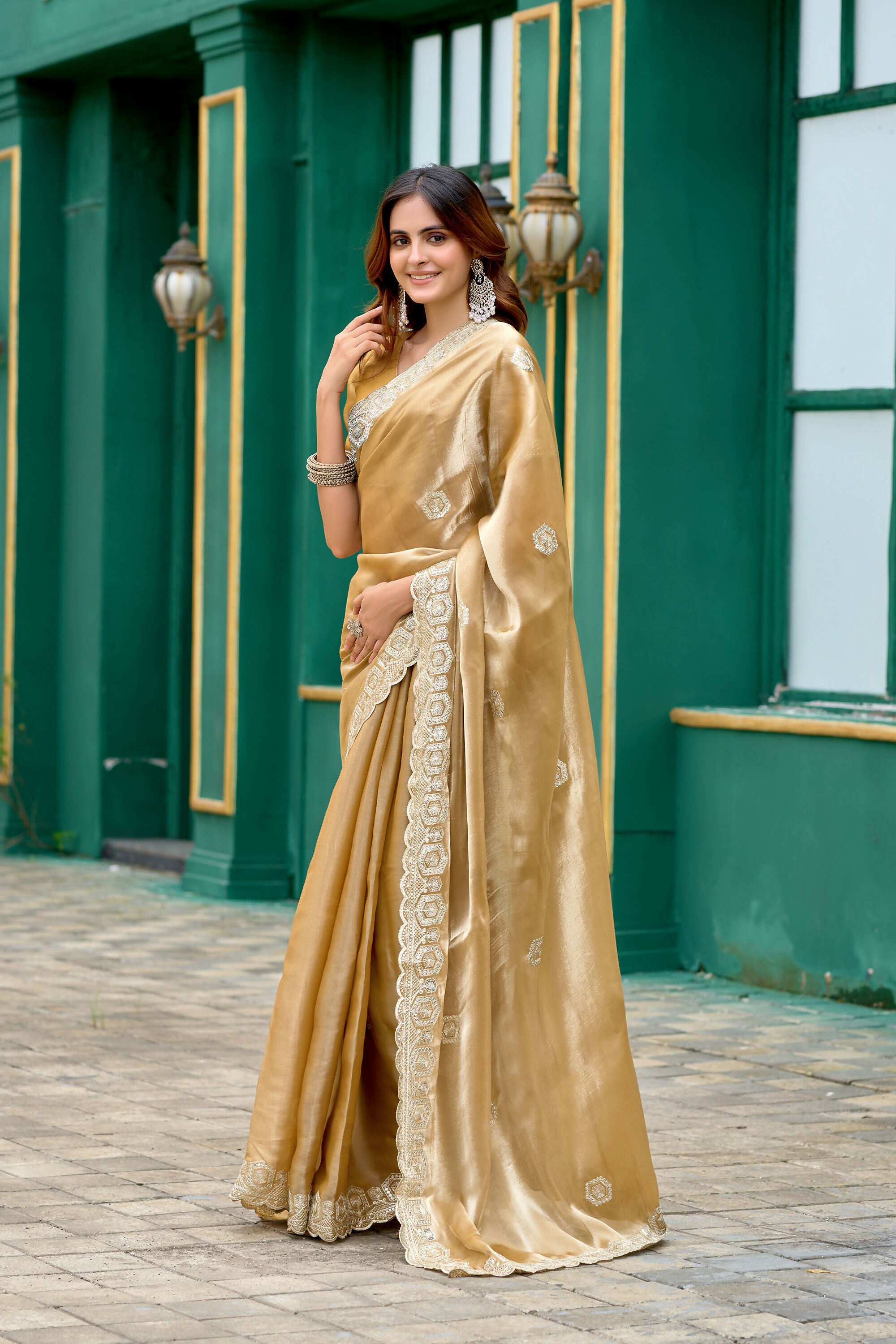 Vastranavya Beige Embroidery Work Shimmer Chiffon Saree with Unstitched Blouse