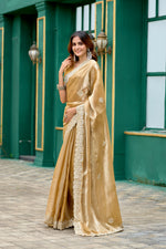 Thumbnail for Vastranavya Beige Embroidery Work Shimmer Chiffon Saree with Unstitched Blouse