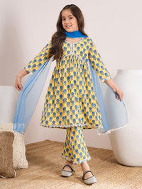 Thumbnail for Girls Yellow Ethnic Motifs Printed Empire Gotta Patti Pure Cotton Kurta With Trousers & With Dupatta for Kids - Mini Marvels - Distacart