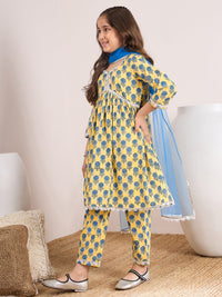 Thumbnail for Girls Yellow Ethnic Motifs Printed Empire Gotta Patti Pure Cotton Kurta With Trousers & With Dupatta for Kids - Mini Marvels - Distacart