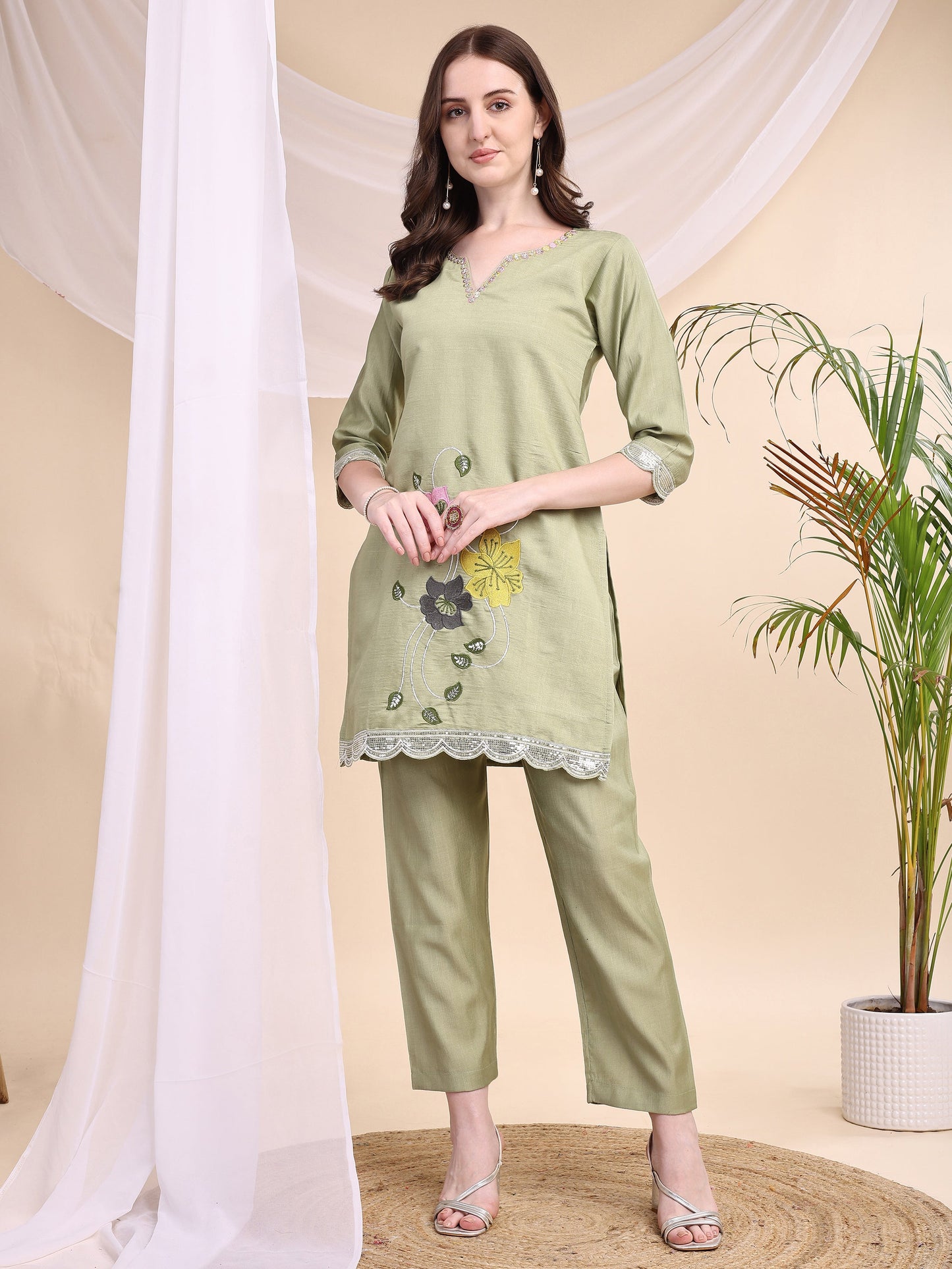 Floral Embroidered Co-Ords, Green - Hiral Fashion - Distacart