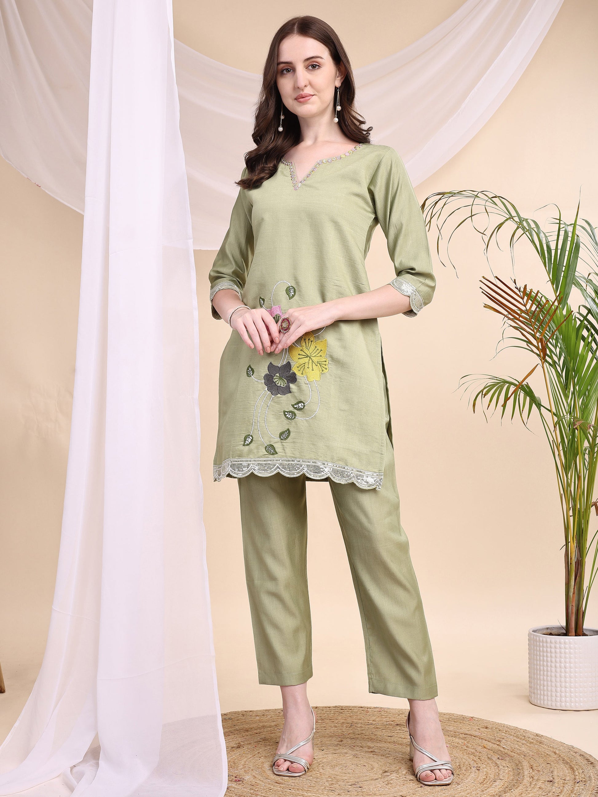Floral Embroidered Co-Ords, Green - Hiral Fashion - Distacart
