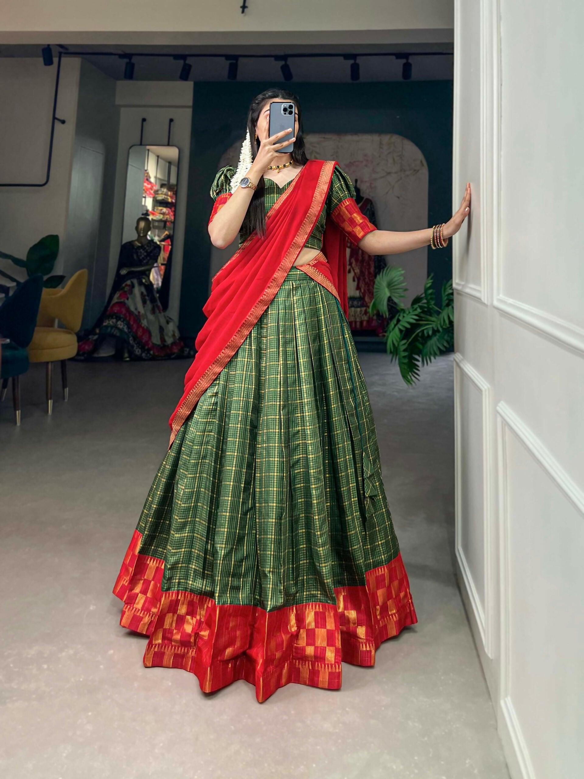 Vastranavya South Indian Style Lehenga Choli - Green - Distacart