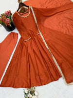 Thumbnail for Teeya Creation Rust Orange Solid Anarkali Kurta With Pants And Dupatta Set - Dista