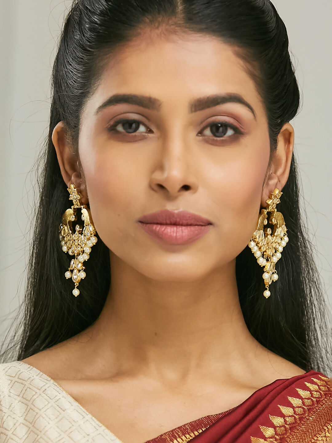 Nuyug 22K Gold-Plated Kundan and Pearl Earrings with Floral Stud and Intricate Crescent Design Chandbalis