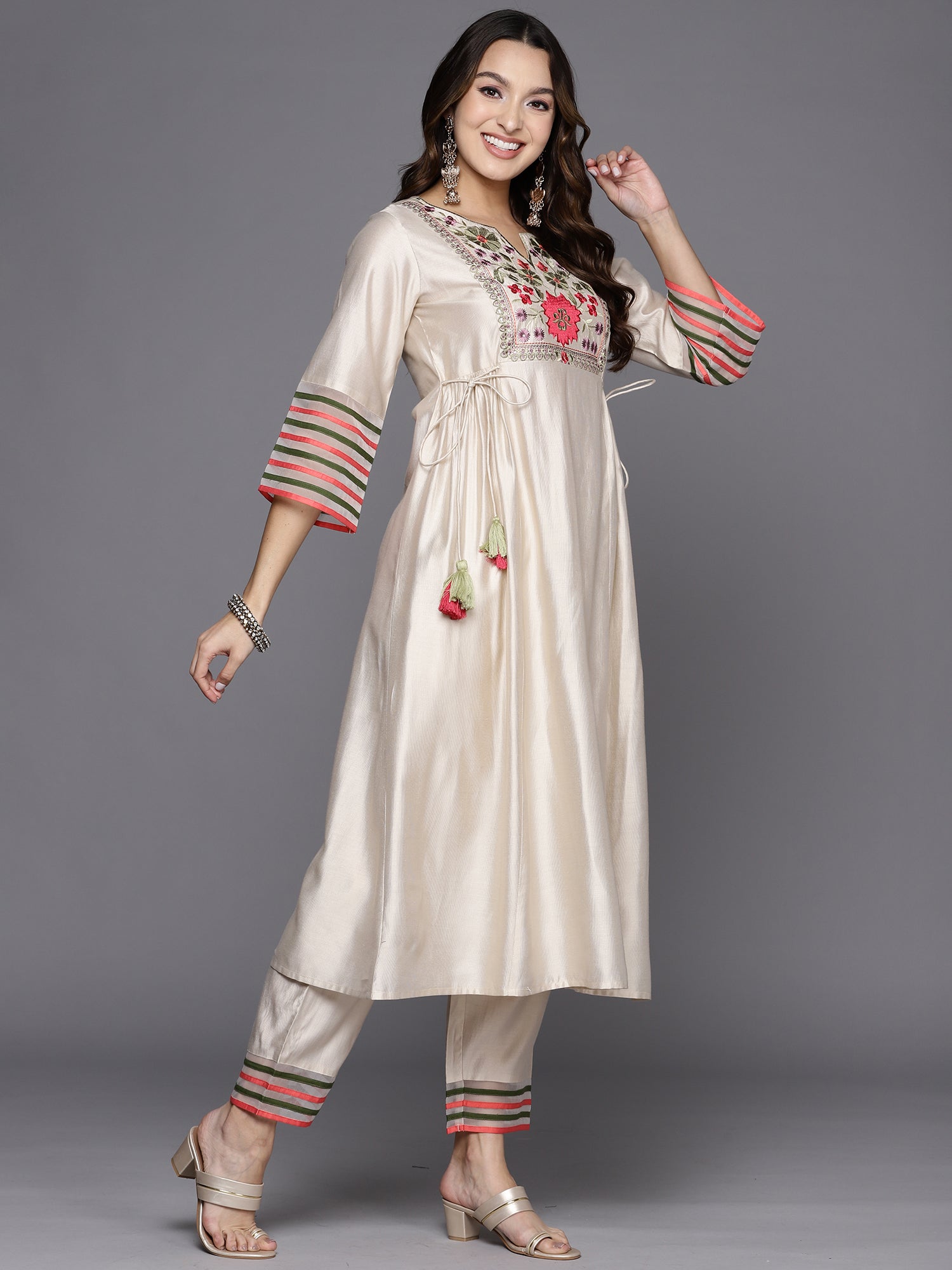 Indo Era White Embroidered A-Line Kurta Trousers Set - Distacart