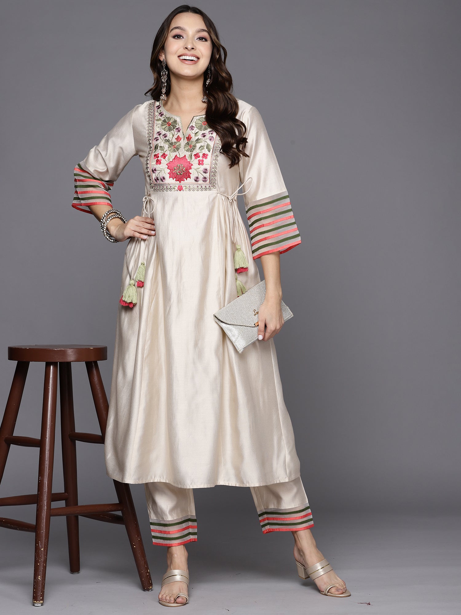 Indo Era White Embroidered A-Line Kurta Trousers Set - Distacart