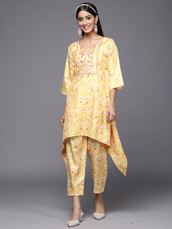 Indo Era Kesariya Yellow Printed A-Line Kaftan With Trouser Set - Distacart