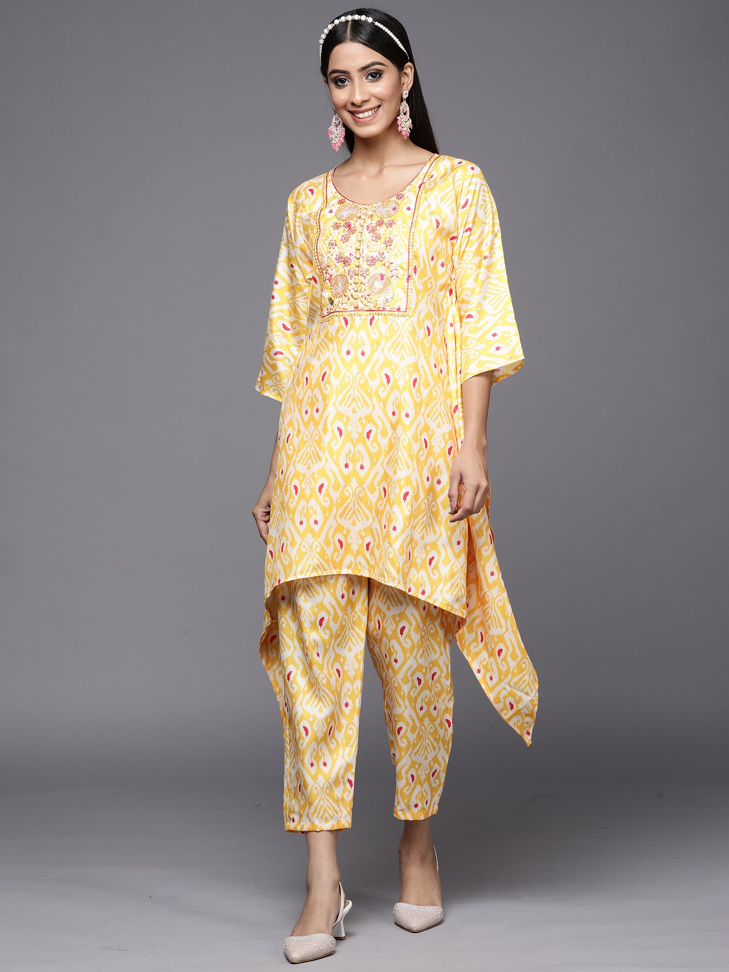 Indo Era Kesariya Yellow Printed A-Line Kaftan With Trouser Set - Distacart