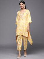 Thumbnail for Indo Era Kesariya Yellow Printed A-Line Kaftan With Trouser Set - Distacart