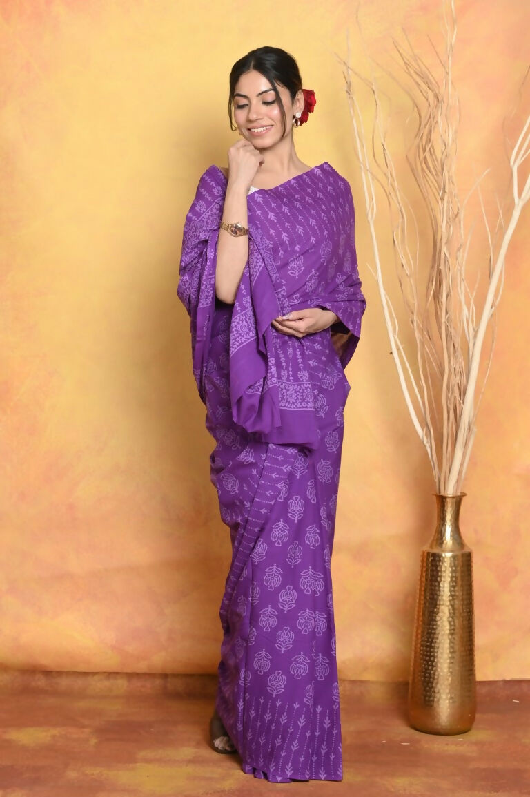 Very Much Indian Handblock Printed Cotton Saree With Natural Dyes - Purple - Distacart