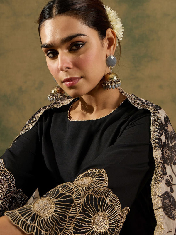 Indo Era Round Neck Straight Kurta With Trousers & Dupatta