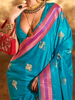 Thumbnail for NOZ2TOZ Women's Satin Silk Blue Woven Design Designer Saree With Blouse Piece - Distacart