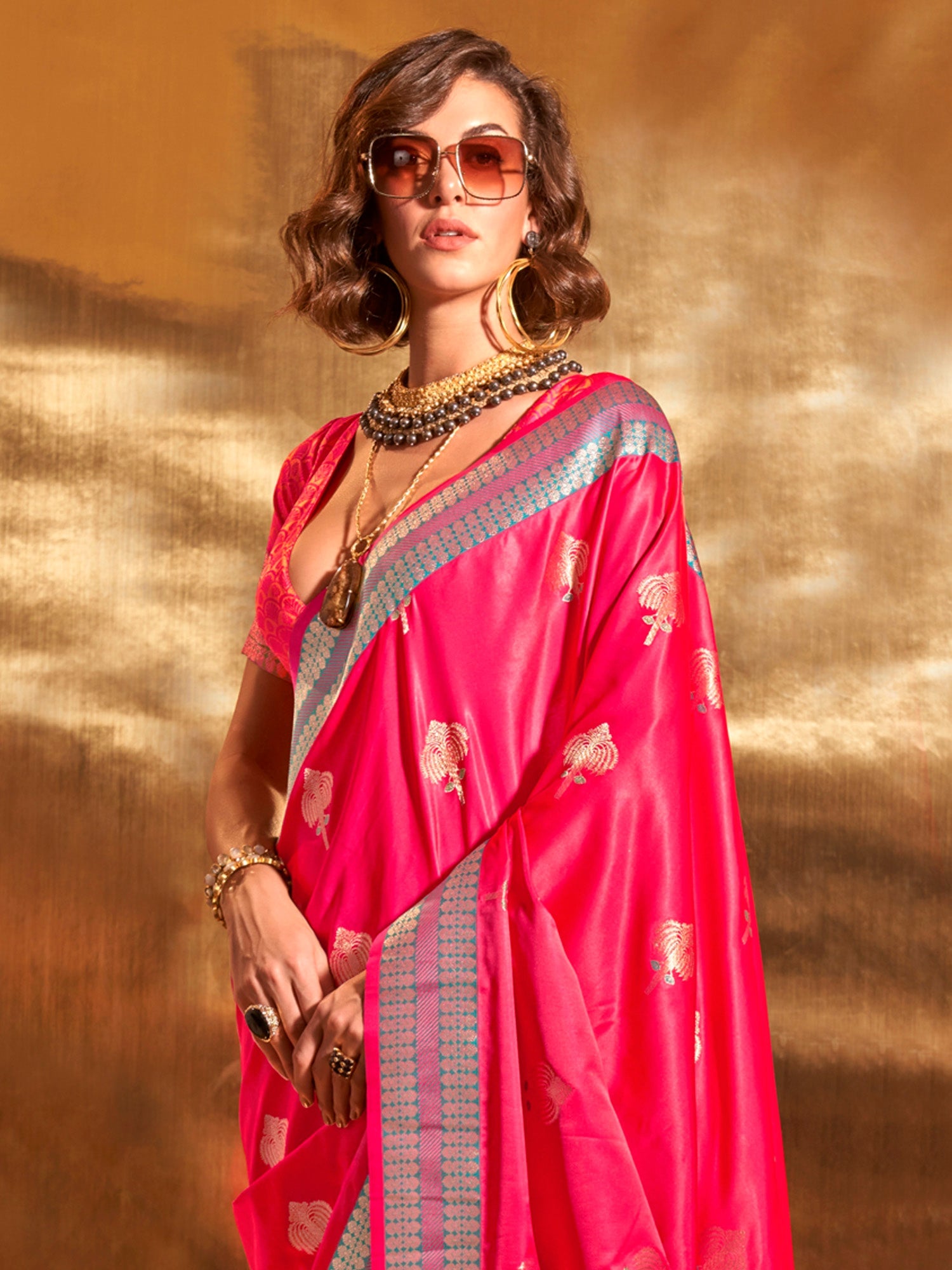 NOZ2TOZ Women's Satin Silk Pink Woven Design Designer Saree With Blouse Piece - Distacart