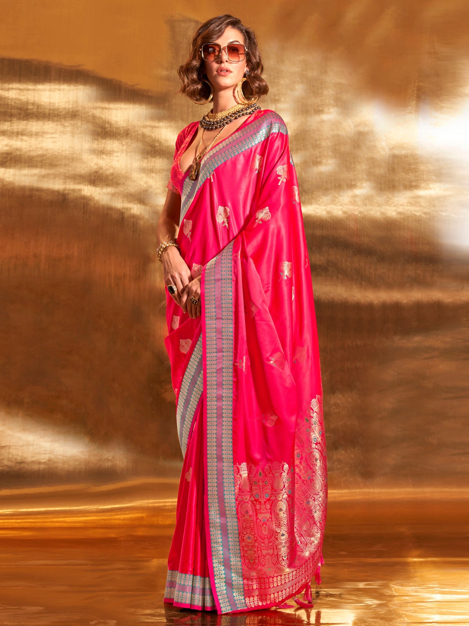 NOZ2TOZ Women's Satin Silk Pink Woven Design Designer Saree With Blouse Piece - Distacart