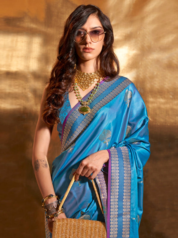 NOZ2TOZ Women's Satin Silk Blue Woven Design Designer Saree With Blouse Piece - Distacart